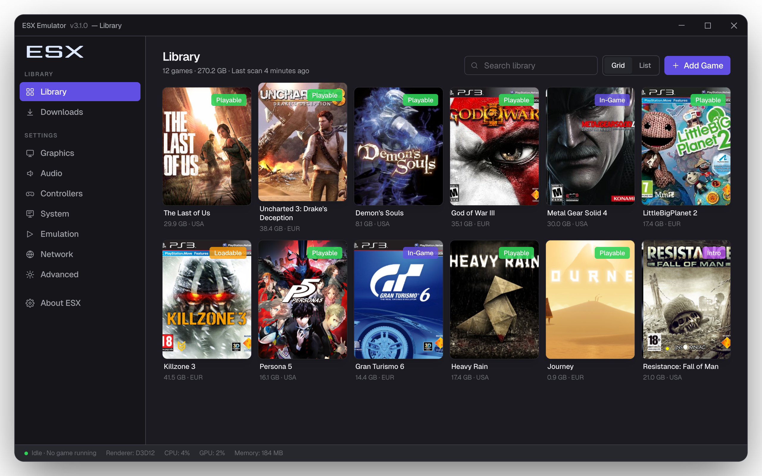 ESX PS3 emulator game library interface on PC